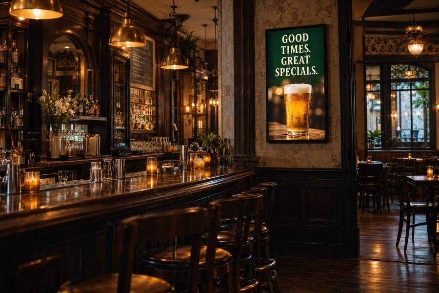 A portrait screen on the wall of a bar, beside the back bar.